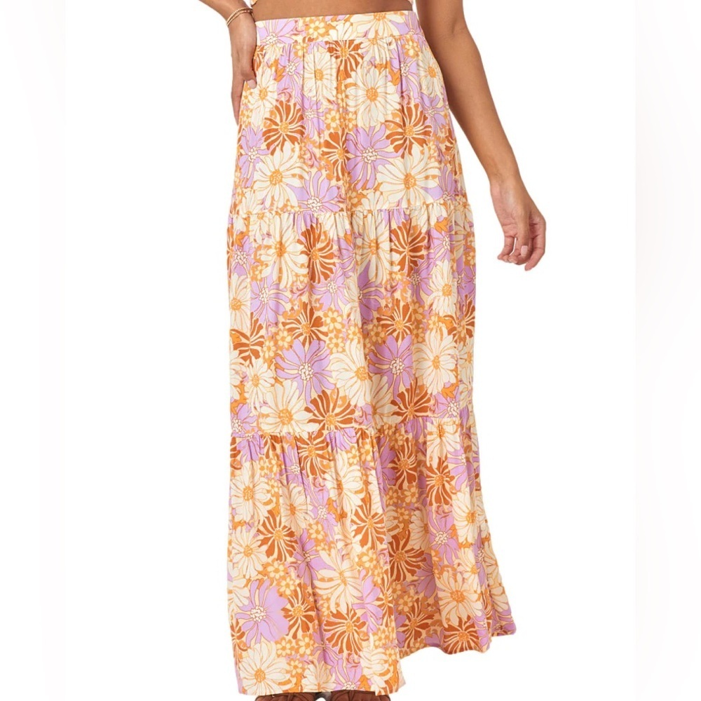 L*Space Bondi Floral Block Print Maxi Tiered Slip Skirt Wavy Daisy | S